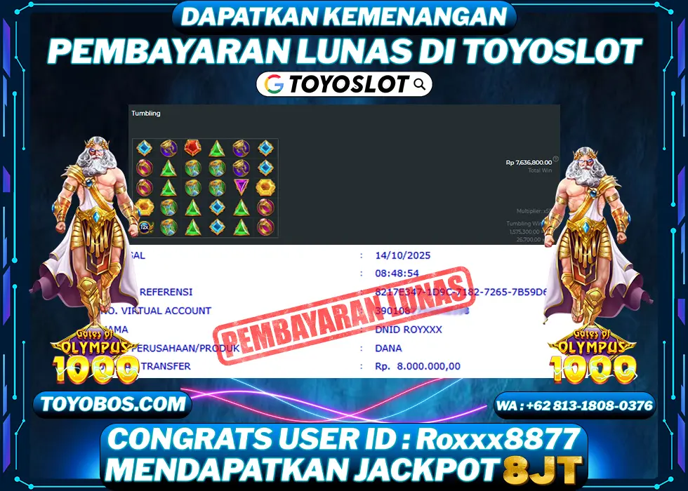 TOYOSLOT - BUKTI KEMENANGAN Gates Of Olympus 1000x Rp8,000,000,- LUNAS